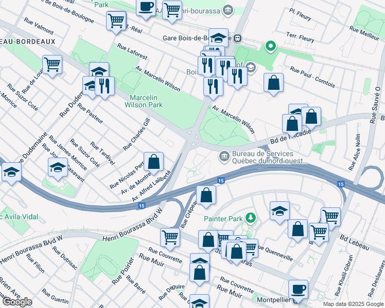 map of restaurants, bars, coffee shops, grocery stores, and more near 10050 Place de l'Acadie in Montréal