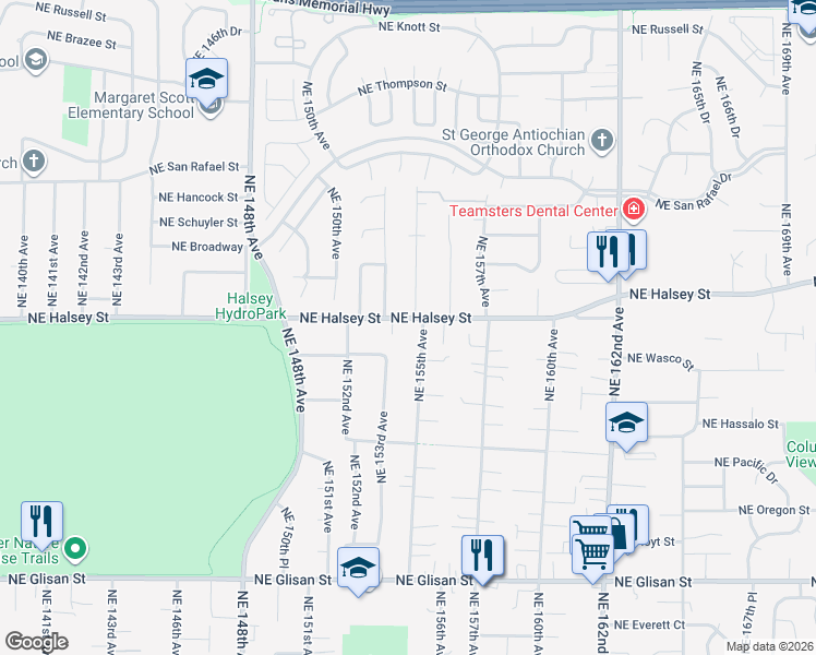 map of restaurants, bars, coffee shops, grocery stores, and more near 15412 Northeast Halsey Street in Portland