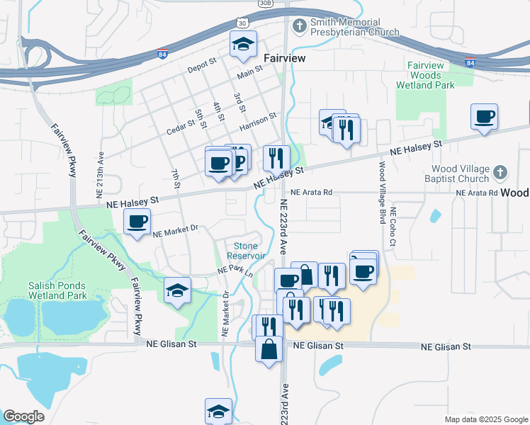 map of restaurants, bars, coffee shops, grocery stores, and more near 22204 Northeast Barr Road in Fairview
