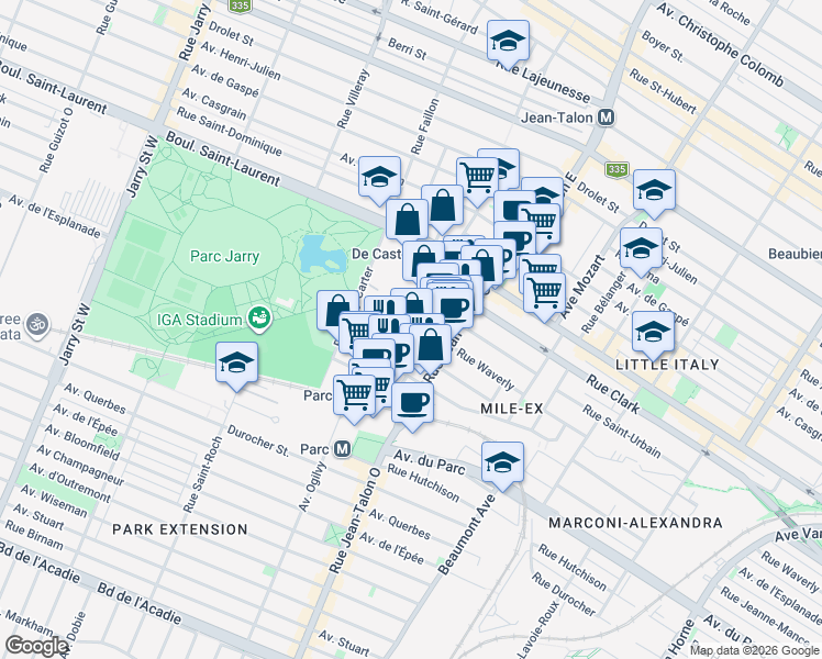 map of restaurants, bars, coffee shops, grocery stores, and more near in Montreal
