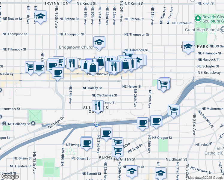 map of restaurants, bars, coffee shops, grocery stores, and more near 1553 Northeast 22nd Avenue in Portland