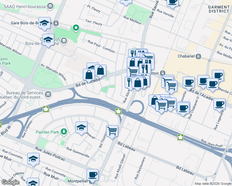 map of restaurants, bars, coffee shops, grocery stores, and more near 2152 Rue Robertine-Barry in Montréal