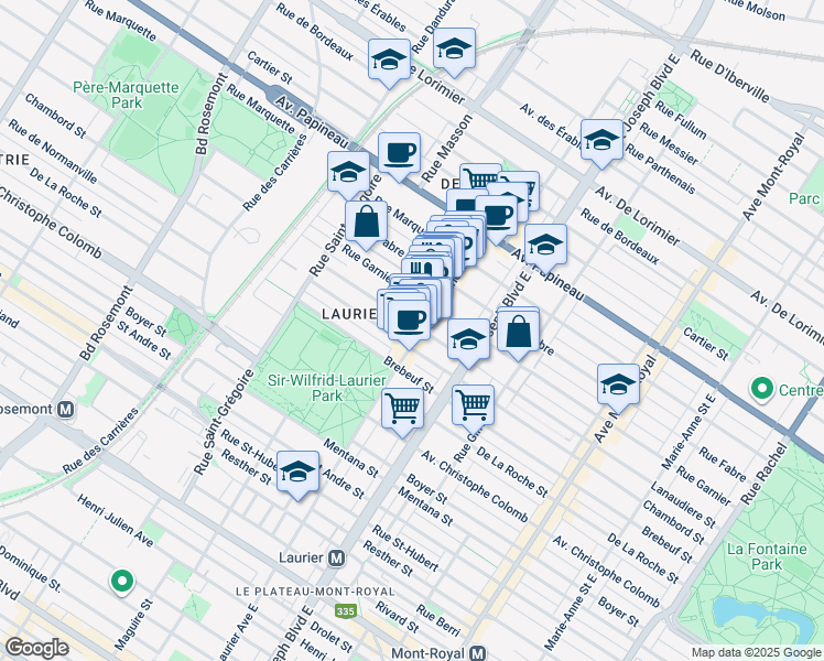 map of restaurants, bars, coffee shops, grocery stores, and more near 1327 Avenue Laurier Est in Montréal