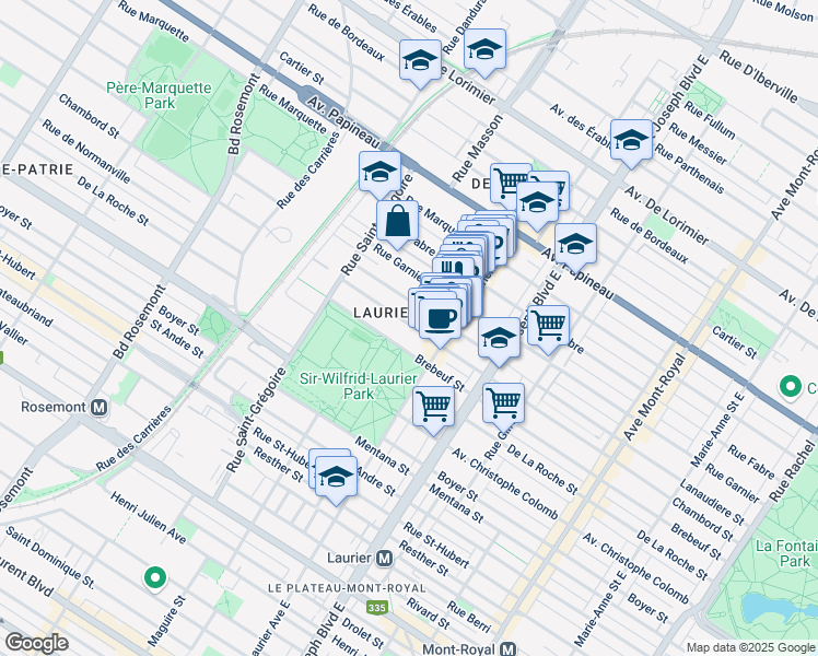 map of restaurants, bars, coffee shops, grocery stores, and more near 5182 Rue Chambord in Montréal