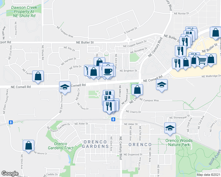 map of restaurants, bars, coffee shops, grocery stores, and more near 6273 Northeast Carillion Drive in Hillsboro