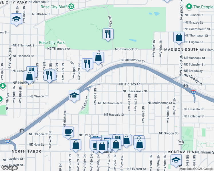 map of restaurants, bars, coffee shops, grocery stores, and more near 7020 Northeast Halsey Street in Portland