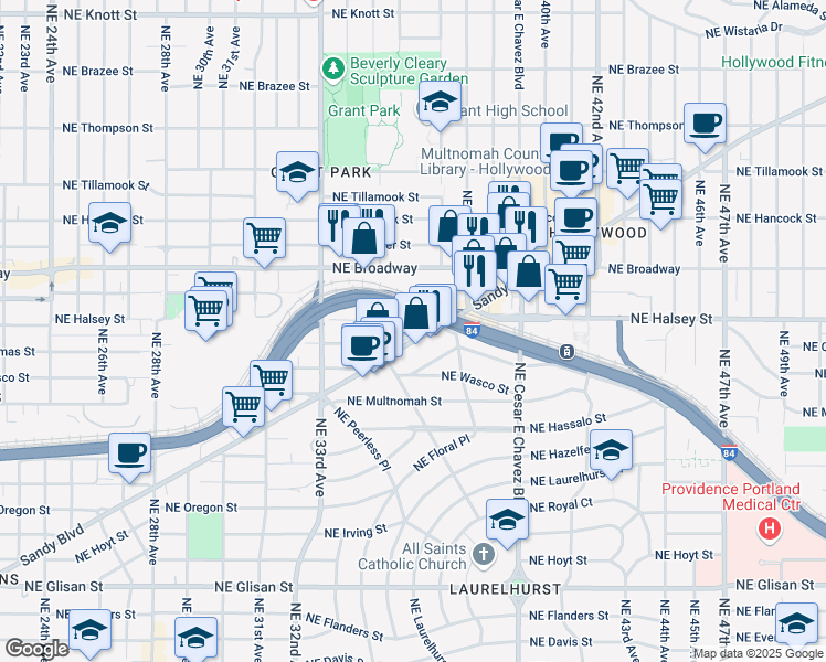 map of restaurants, bars, coffee shops, grocery stores, and more near 3637 Northeast Sandy Boulevard in Portland