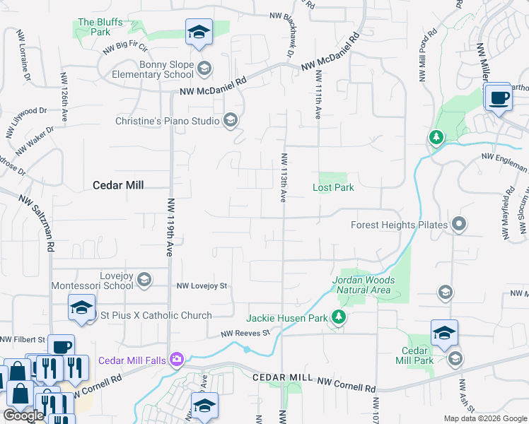map of restaurants, bars, coffee shops, grocery stores, and more near 1922 Northwest 114th Avenue in Portland