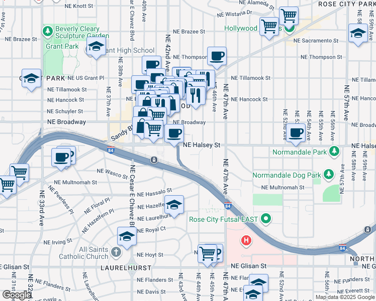 map of restaurants, bars, coffee shops, grocery stores, and more near 4400 Northeast Halsey Street in Portland