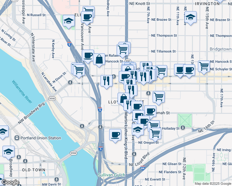 map of restaurants, bars, coffee shops, grocery stores, and more near 1400 Northeast 2nd Avenue in Portland