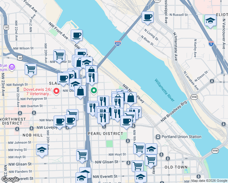map of restaurants, bars, coffee shops, grocery stores, and more near 1150 Northwest Quimby Street in Portland