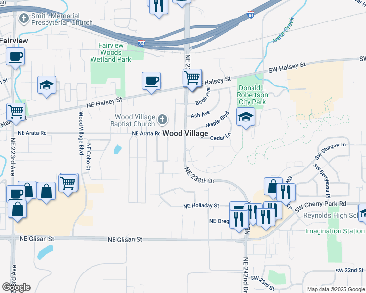 map of restaurants, bars, coffee shops, grocery stores, and more near in Wood Village