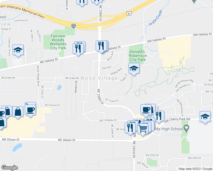 map of restaurants, bars, coffee shops, grocery stores, and more near 23931 Northeast Treehill Drive in Wood Village