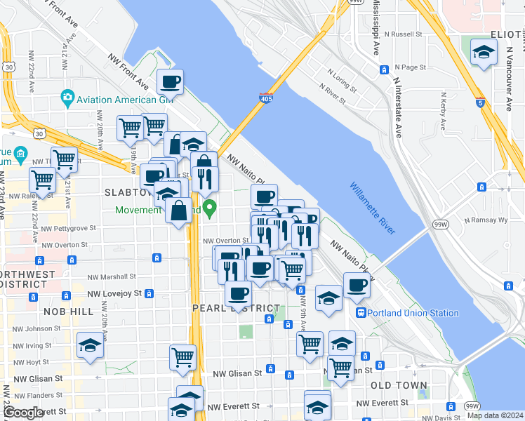 map of restaurants, bars, coffee shops, grocery stores, and more near 1150 Northwest Quimby Street in Portland