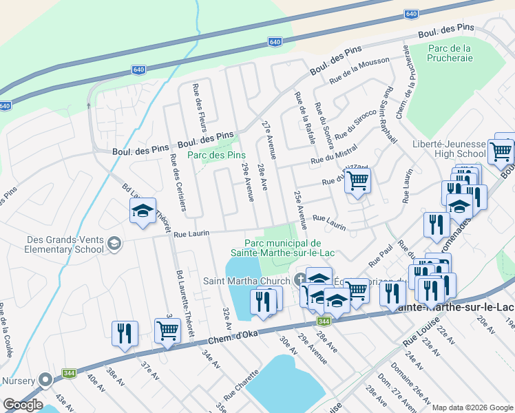 map of restaurants, bars, coffee shops, grocery stores, and more near 291 29e Avenue in Sainte-Marthe-sur-le-Lac