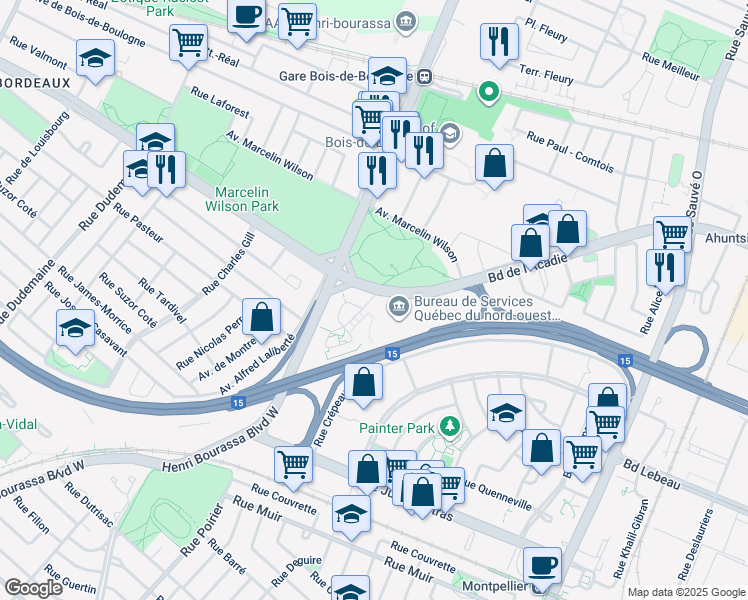 map of restaurants, bars, coffee shops, grocery stores, and more near 10650 Place de l'Acadie in Montréal