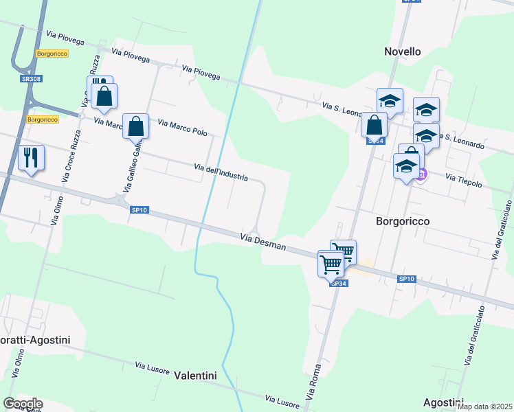 map of restaurants, bars, coffee shops, grocery stores, and more near 3a Via dell'Industria in Borgoricco