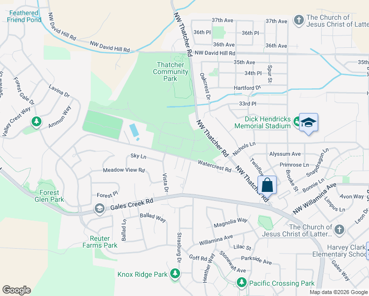 map of restaurants, bars, coffee shops, grocery stores, and more near 836 Misty Lane in Forest Grove