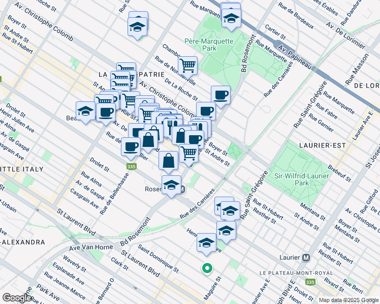 map of restaurants, bars, coffee shops, grocery stores, and more near in Montreal