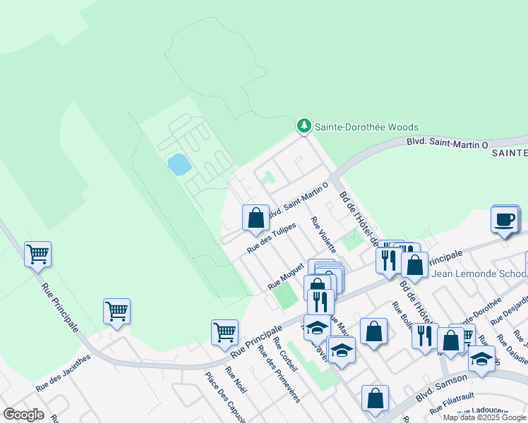 map of restaurants, bars, coffee shops, grocery stores, and more near 7625 Boulevard Saint-Martin Ouest in Laval