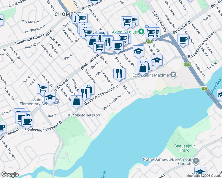 map of restaurants, bars, coffee shops, grocery stores, and more near 3971 Boulevard Lévesque Ouest in Laval