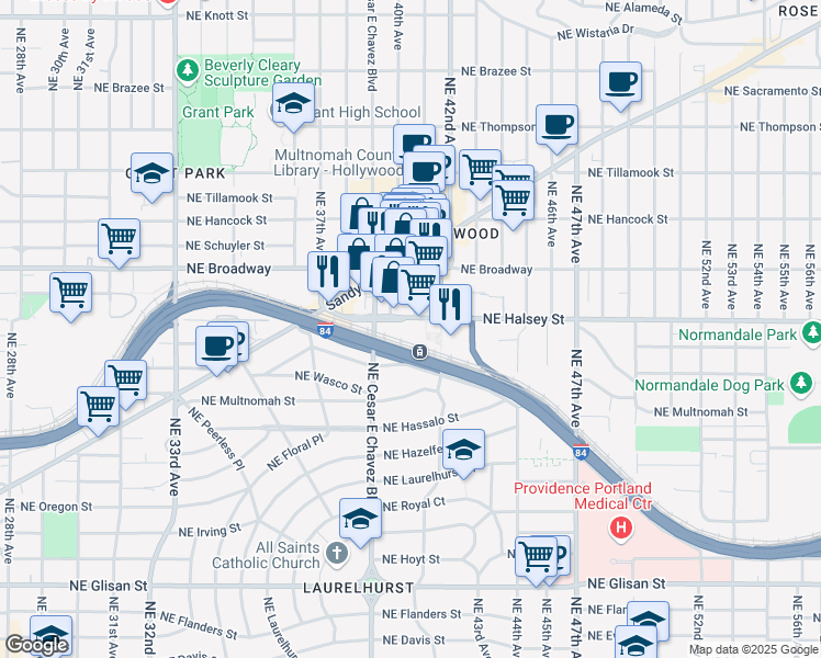 map of restaurants, bars, coffee shops, grocery stores, and more near 4001 Northeast Halsey Street in Portland
