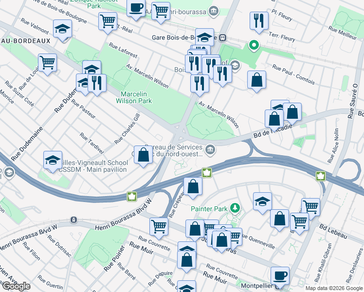 map of restaurants, bars, coffee shops, grocery stores, and more near 10050 Place de l'Acadie in Montréal
