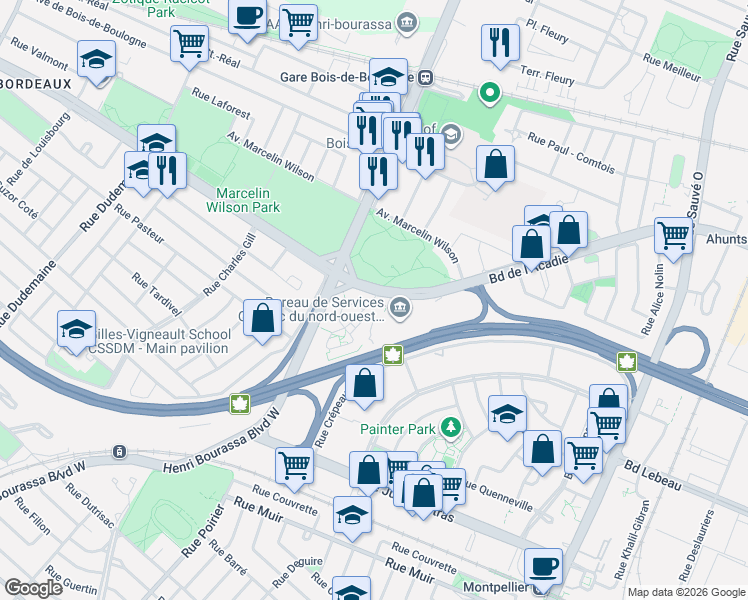 map of restaurants, bars, coffee shops, grocery stores, and more near 10650 Place de l'Acadie in Montréal