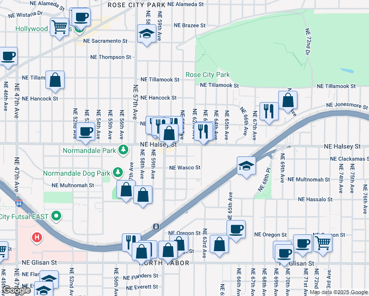 map of restaurants, bars, coffee shops, grocery stores, and more near 1435 Northeast 62nd Avenue in Portland
