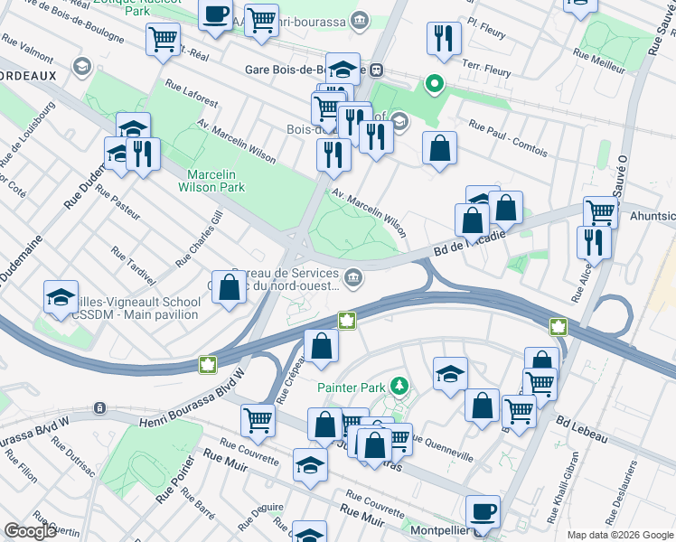 map of restaurants, bars, coffee shops, grocery stores, and more near 10650 Place de l'Acadie in Montréal