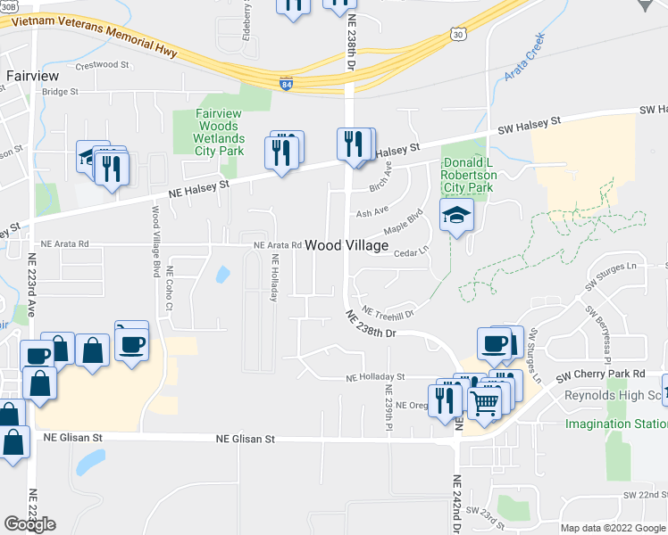 map of restaurants, bars, coffee shops, grocery stores, and more near 1576 Northeast 237th Avenue in Wood Village
