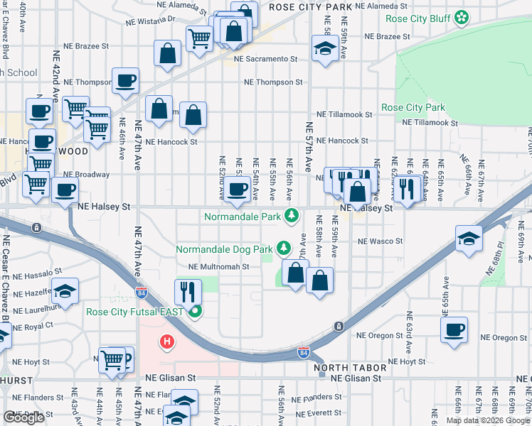 map of restaurants, bars, coffee shops, grocery stores, and more near 1515 Northeast 55th Avenue in Portland