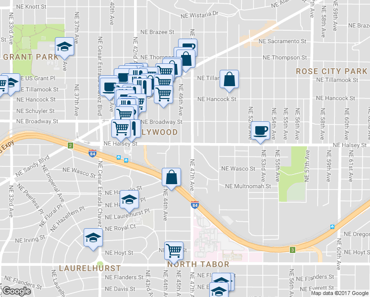 map of restaurants, bars, coffee shops, grocery stores, and more near 1505 Northeast 46th Avenue in Portland