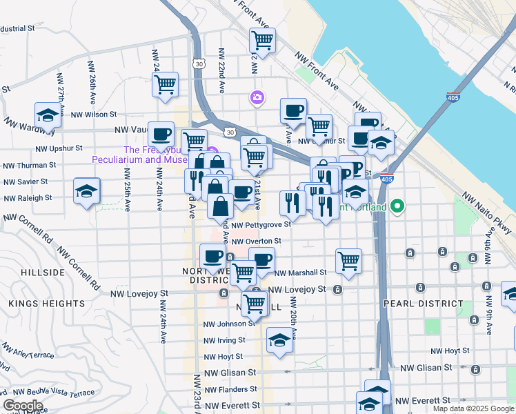 map of restaurants, bars, coffee shops, grocery stores, and more near 2050 Northwest Raleigh Street in Portland