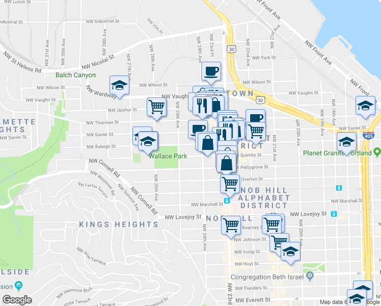 map of restaurants, bars, coffee shops, grocery stores, and more near 2434 Northwest Raleigh Street in Portland