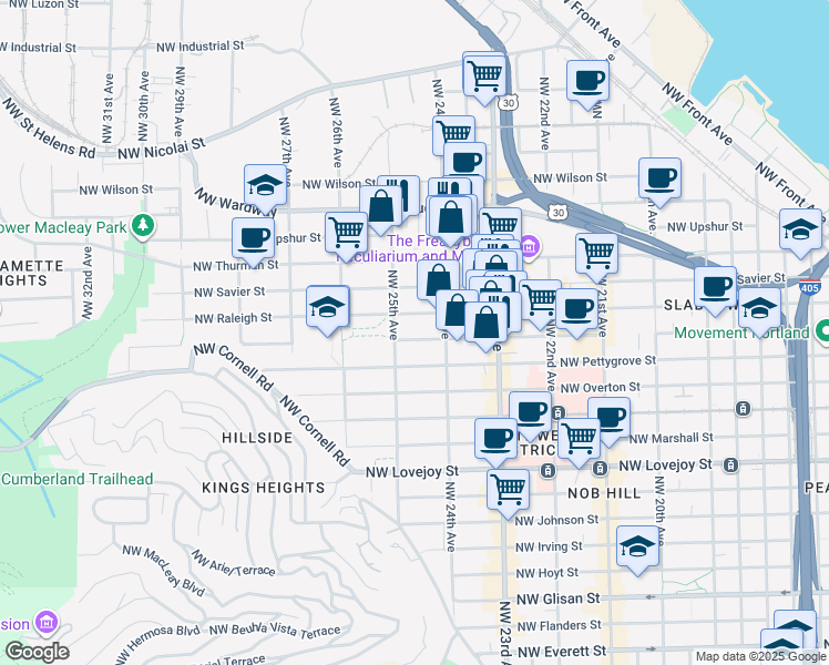 map of restaurants, bars, coffee shops, grocery stores, and more near 2434 Northwest Raleigh Street in Portland