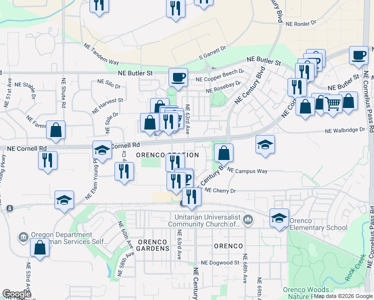 map of restaurants, bars, coffee shops, grocery stores, and more near 6243 Northeast 63rd Way in Hillsboro