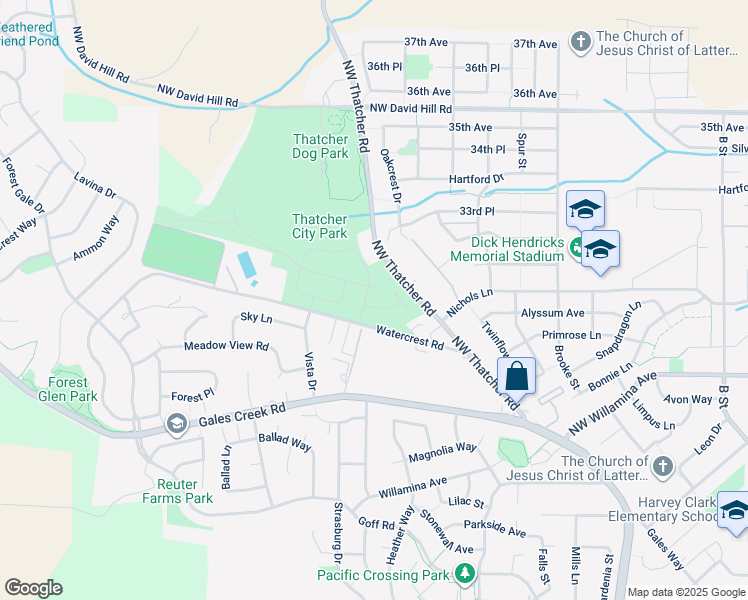 map of restaurants, bars, coffee shops, grocery stores, and more near 2035 Northwest Thatcher Road in Forest Grove