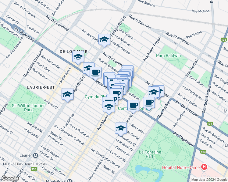 map of restaurants, bars, coffee shops, grocery stores, and more near 4557 Avenue Papineau in Montréal