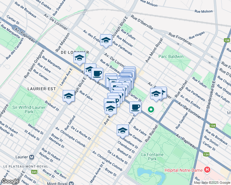 map of restaurants, bars, coffee shops, grocery stores, and more near 1809 Avenue du Mont-Royal Est in Montréal