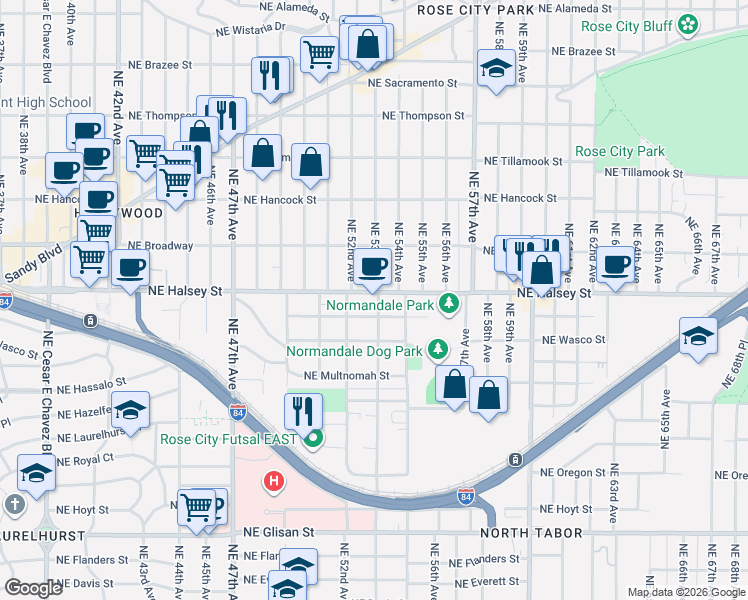 map of restaurants, bars, coffee shops, grocery stores, and more near 5250 Northeast Halsey Street in Portland