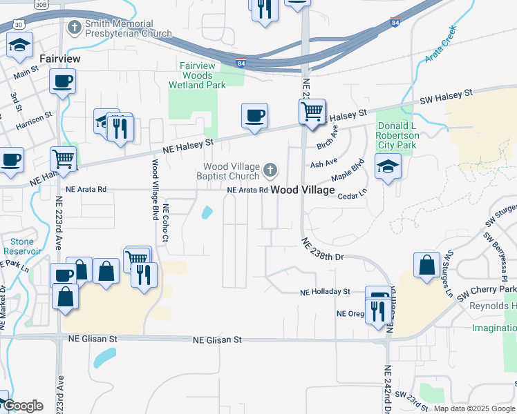 map of restaurants, bars, coffee shops, grocery stores, and more near 1571 Northeast 236th Avenue in Wood Village