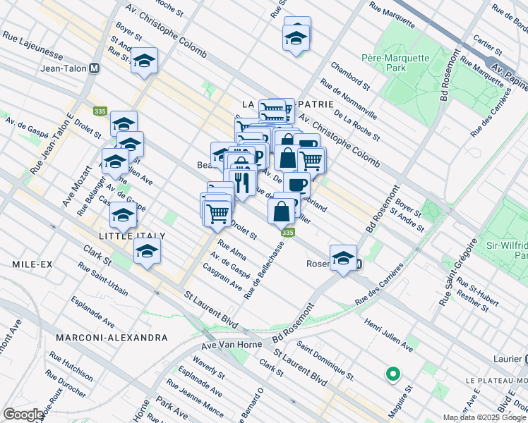 map of restaurants, bars, coffee shops, grocery stores, and more near in Montreal