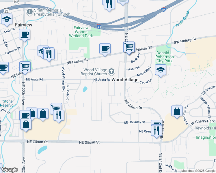 map of restaurants, bars, coffee shops, grocery stores, and more near 1503 Northeast 236th Avenue in Wood Village