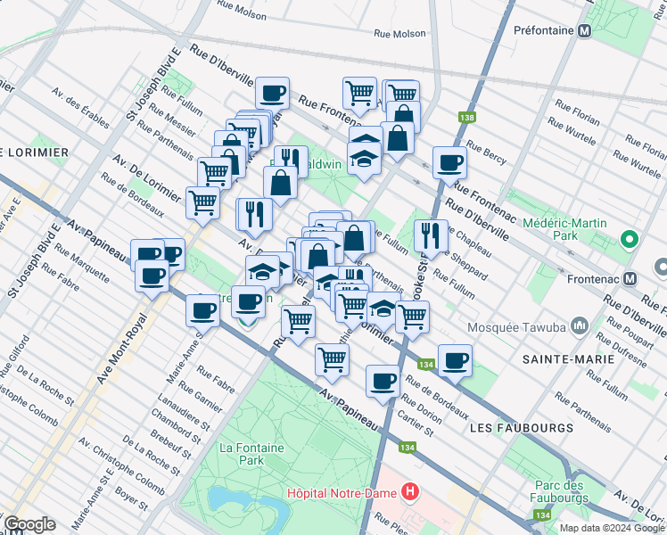 map of restaurants, bars, coffee shops, grocery stores, and more near 2154 Rue Rachel Est in Montréal