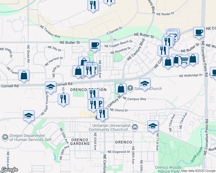 map of restaurants, bars, coffee shops, grocery stores, and more near 402 Northeast Cornell Road in Hillsboro