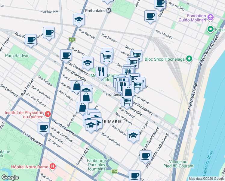 map of restaurants, bars, coffee shops, grocery stores, and more near 2092 Rue Frontenac in Montréal