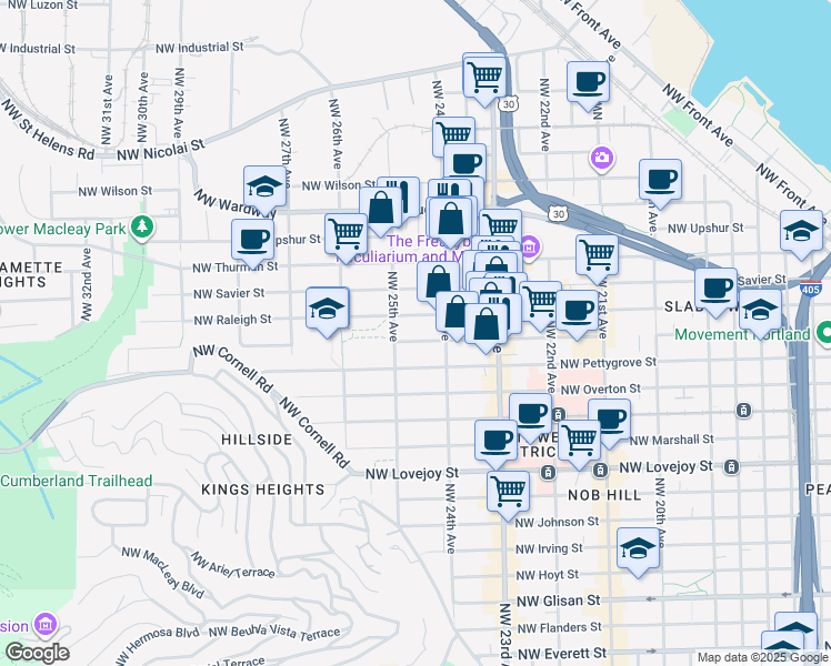 map of restaurants, bars, coffee shops, grocery stores, and more near 2434 Northwest Raleigh Street in Portland