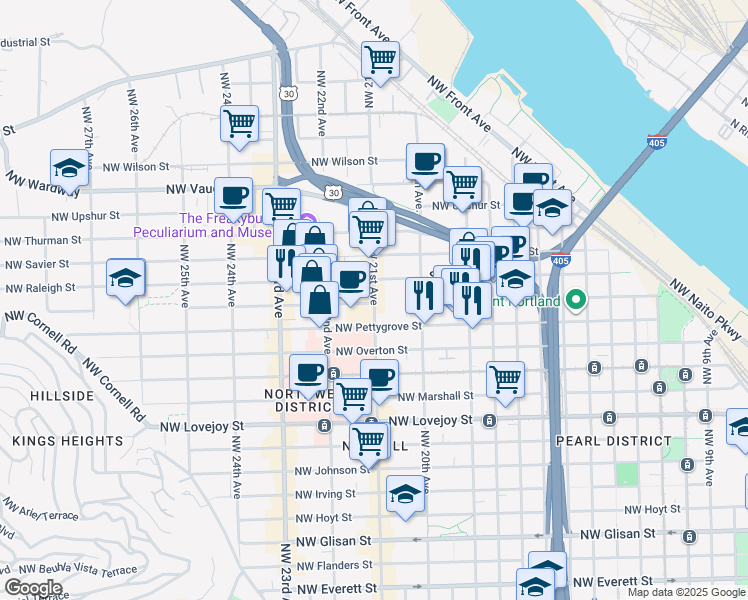 map of restaurants, bars, coffee shops, grocery stores, and more near 1515 Northwest 21st Avenue in Portland