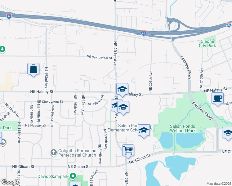 map of restaurants, bars, coffee shops, grocery stores, and more near NE Halsey St & NE 201st Ave in Gresham